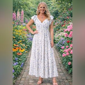 White Birch Romantic Blue Floral Maxi Dress Size Medium NWT